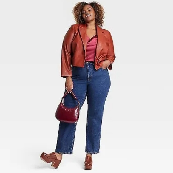 Women's Cropped Faux Leather Blazer - Ava & Viv Brown XXL/17 - Picture 2 of 7